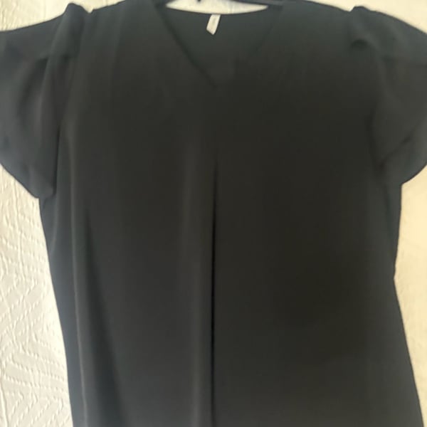 Anyally Blouse Size L Black V-Neck Flutter Sleeve Top