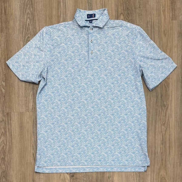 Stitch Golf Wave Print Polo Size L Blue White Performance Golf Shirt