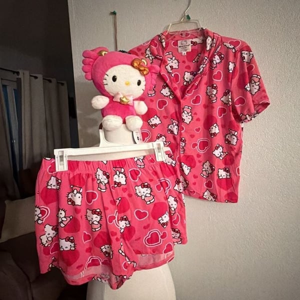 Bundle Hello Kitty Pajama Set Size S Pink Hearts Shorty PJs & plush doll