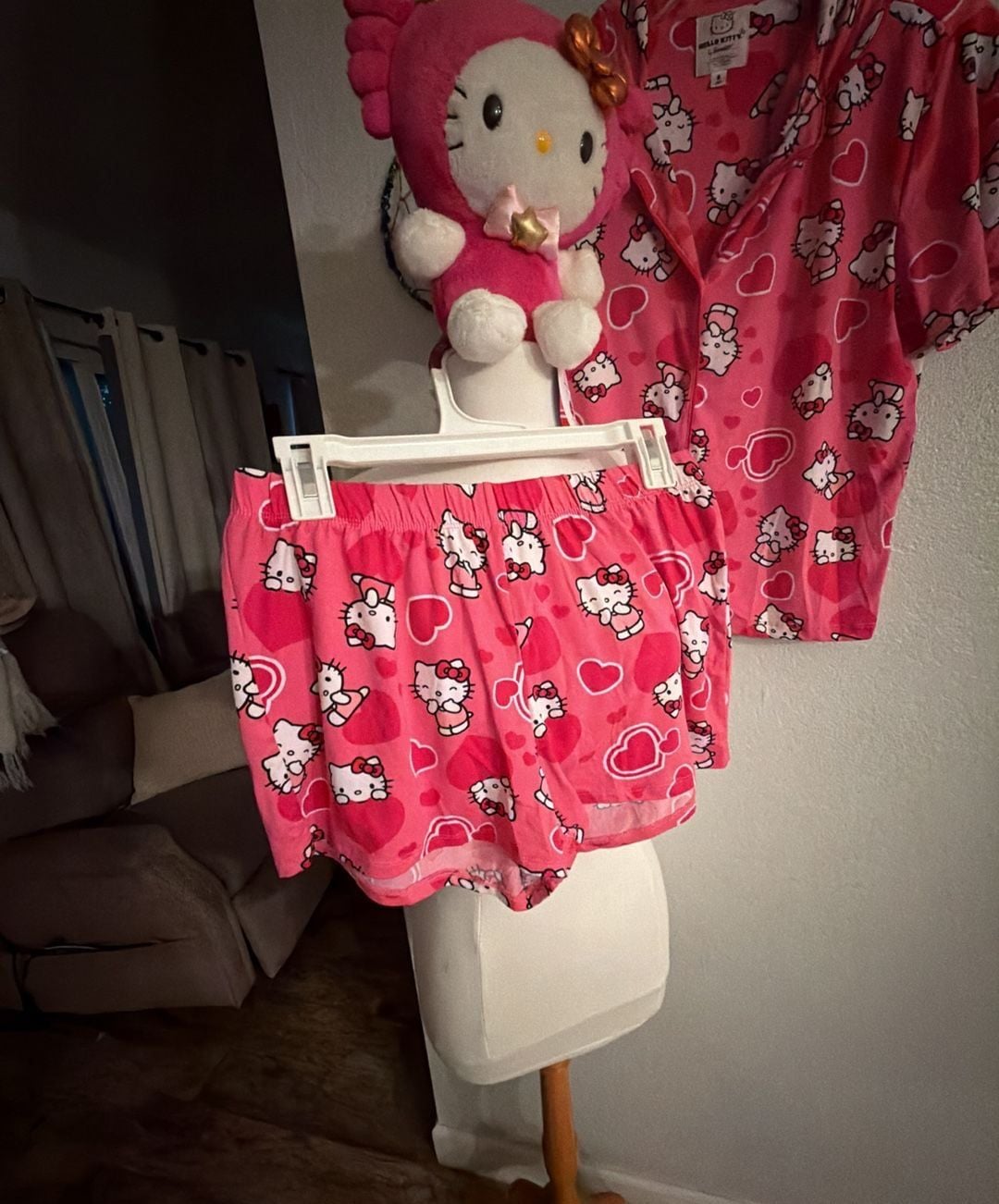 Bundle Hello Kitty Pajama Set Size S Pink Hearts Shorty PJs & plush doll 2