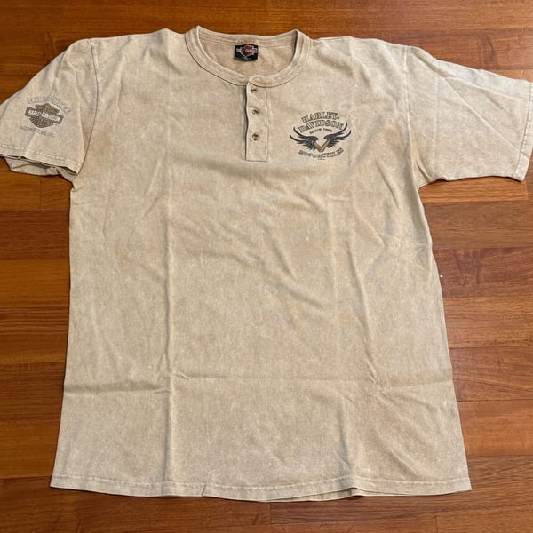 Harley Davidson Henley Shirt Size XL Beige Distressed Short Sleeve