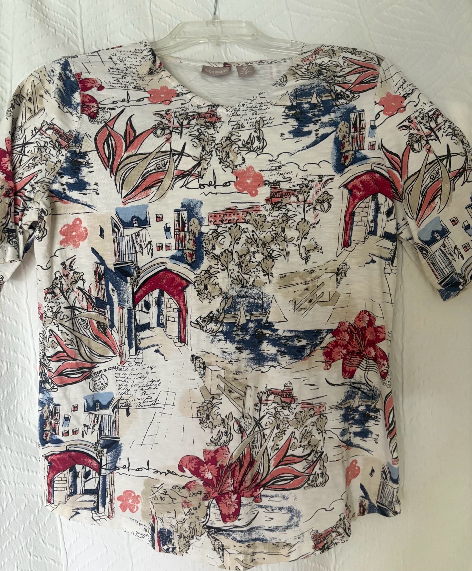 Chico's T-Shirt Size 0 Scenic Paris Floral Print Short Sleeve Top 2