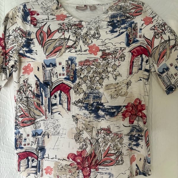 Chico's T-Shirt Size 0 Scenic Paris Floral Print Short Sleeve Top