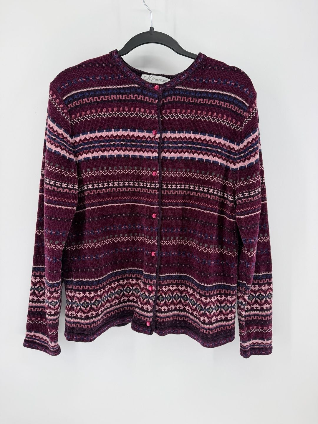 Dressbarn L Fair Isle Cardigan Sweater Burgundy Pink Grandpa Core Whimsygoth 2