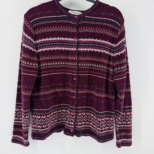 Dressbarn L Fair Isle Cardigan Sweater Burgundy Pink Grandpa Core Whimsygoth