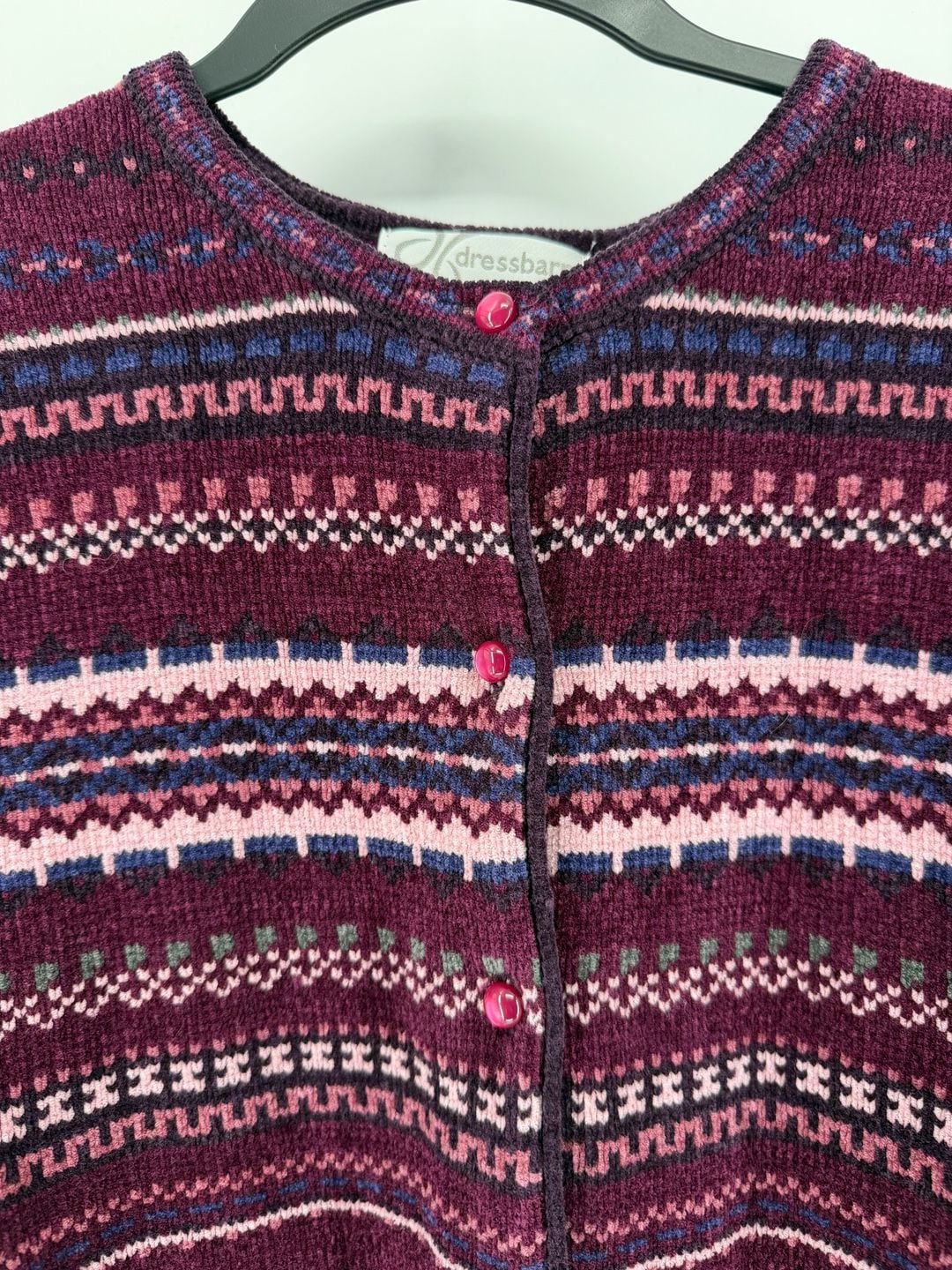 Dressbarn L Fair Isle Cardigan Sweater Burgundy Pink Grandpa Core Whimsygoth 4
