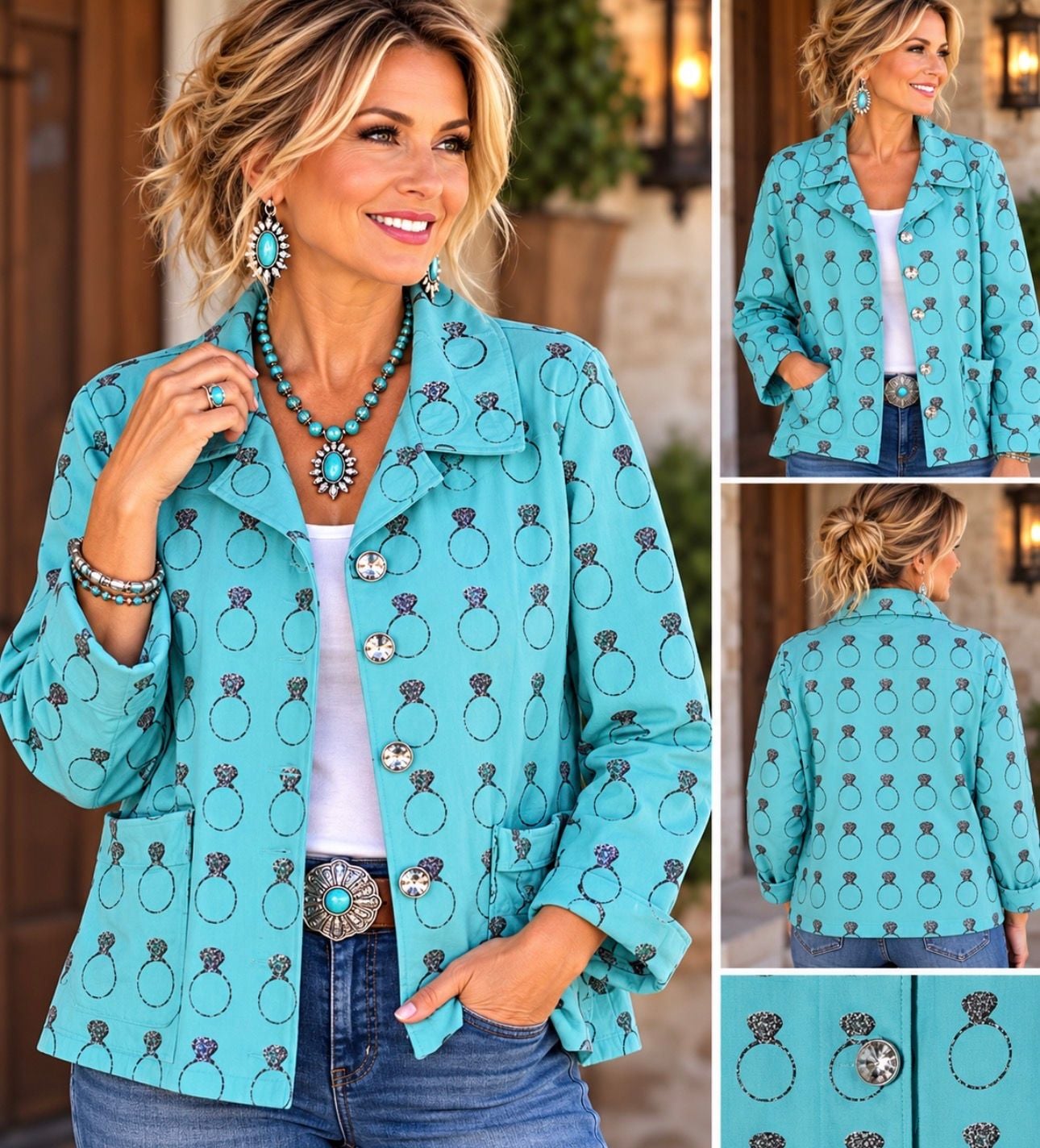 Berek Women’s XL Turquoise Engagement Ring Print Jacket Rhinestone Bling Artwear 2