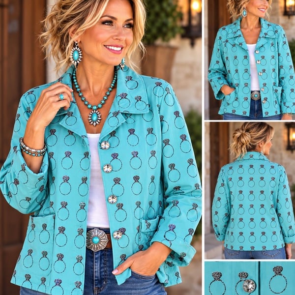 Berek Women’s XL Turquoise Engagement Ring Print Jacket Rhinestone Bling Artwear