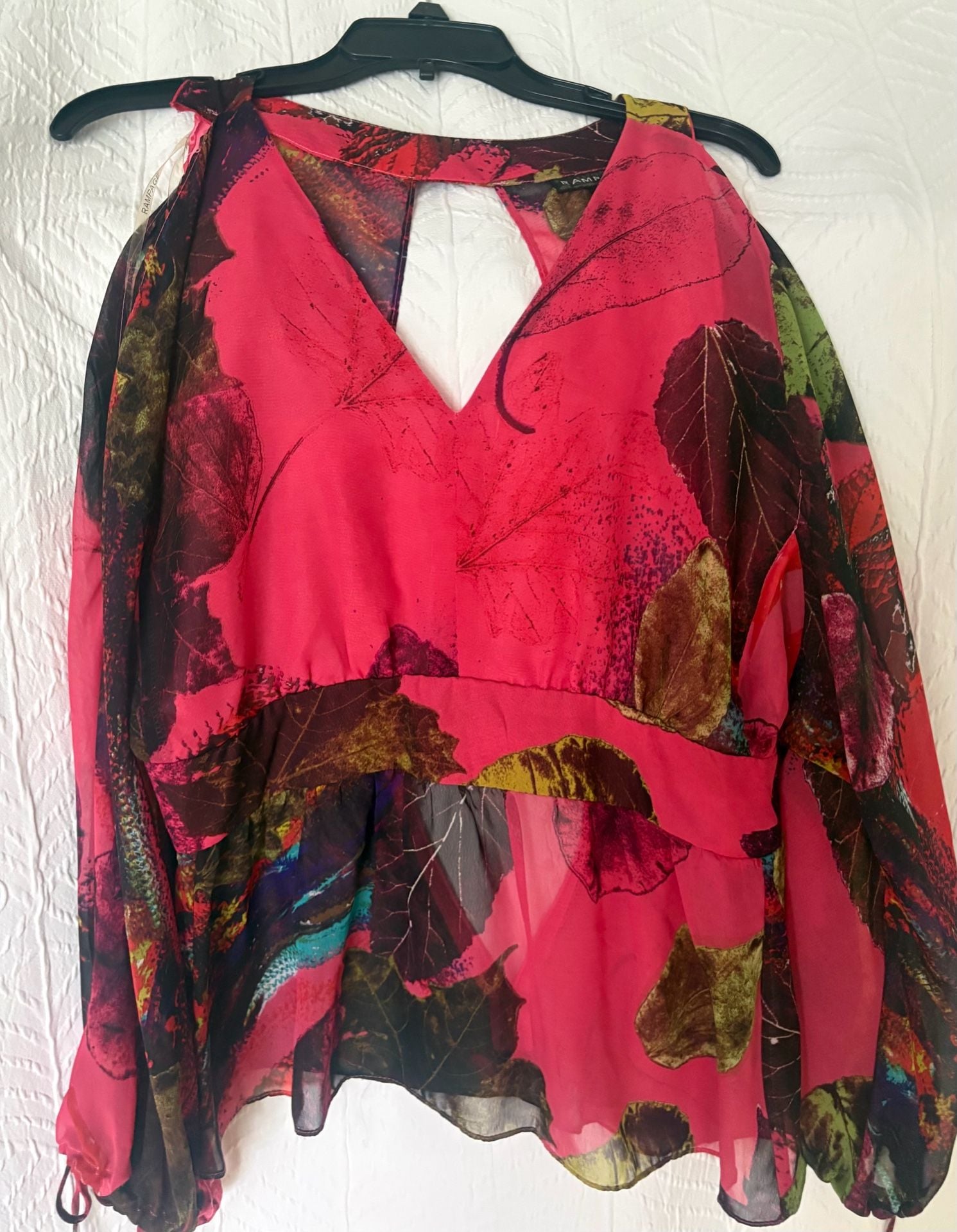 Rampage Leaf Print Chiffon Blouse Size M Pink Long Sleeve Boho Top 2