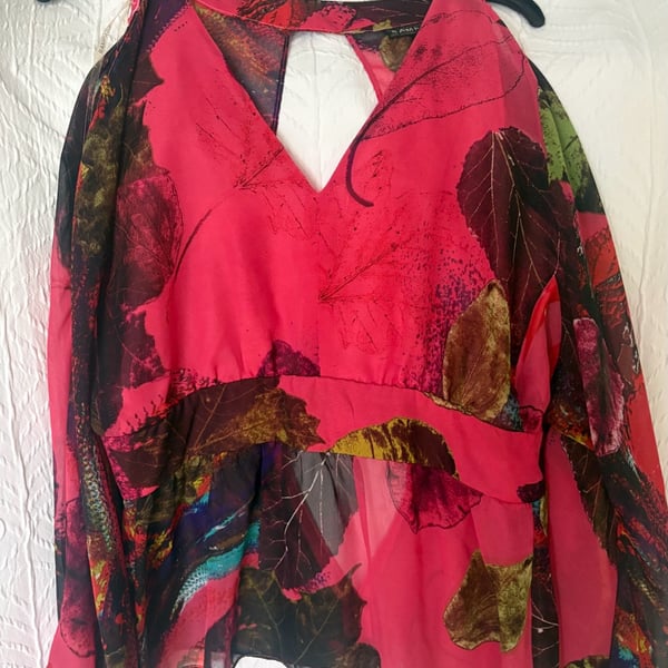 Rampage Leaf Print Chiffon Blouse Size M Pink Long Sleeve Boho Top