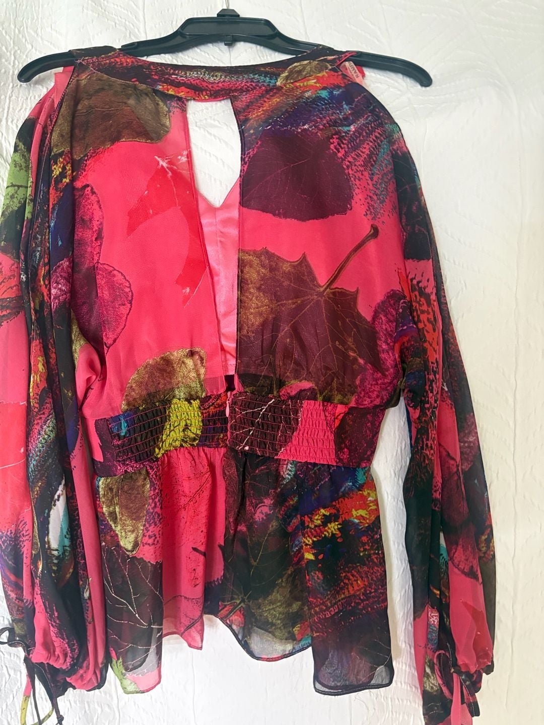 Rampage Leaf Print Chiffon Blouse Size M Pink Long Sleeve Boho Top 6