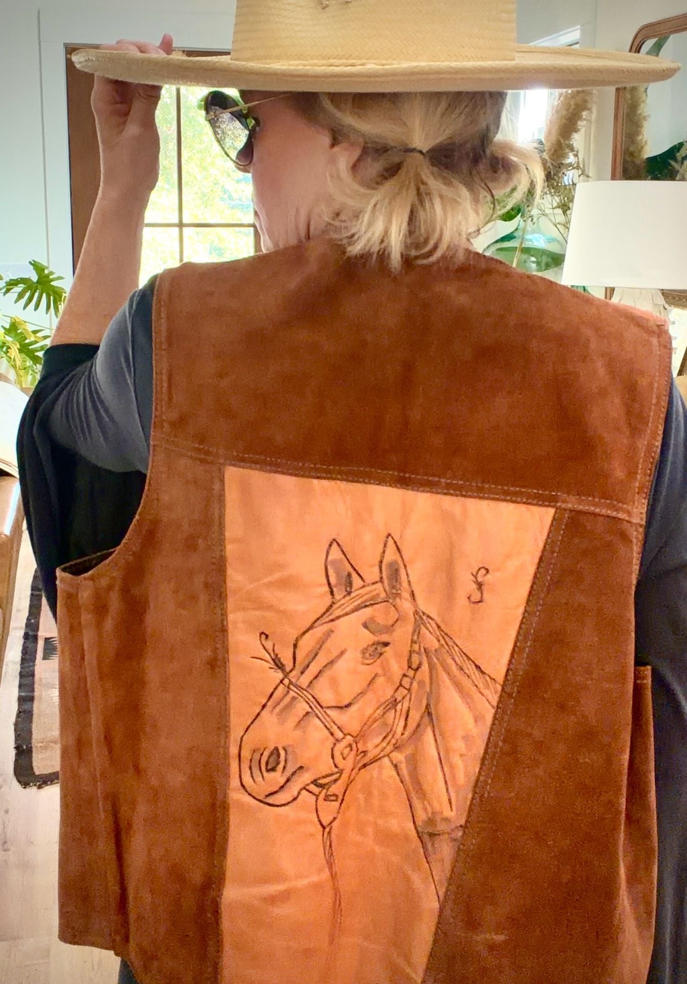 Vintage 1970s Handcrafted Western Suede Leather Horse Vest Brown Cowboy 2