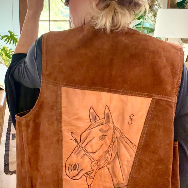 Vintage 1970s Handcrafted Western Suede Leather Horse Vest Brown Cowboy