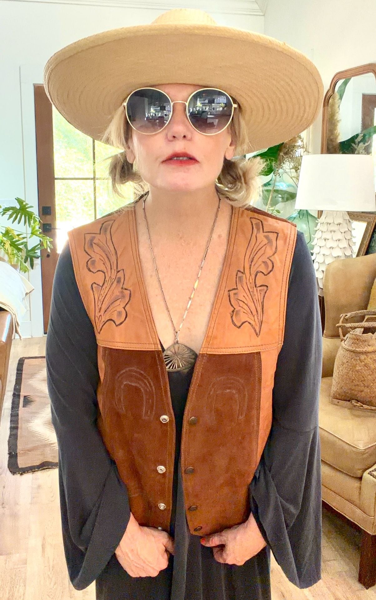 Vintage 1970s Handcrafted Western Suede Leather Horse Vest Brown Cowboy 3