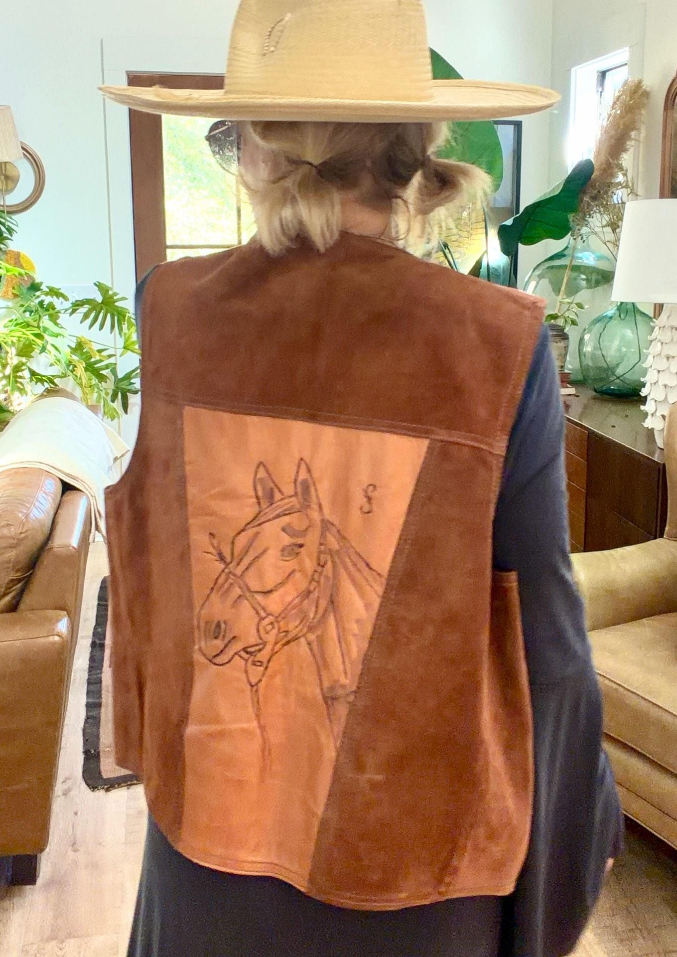 Vintage 1970s Handcrafted Western Suede Leather Horse Vest Brown Cowboy 4