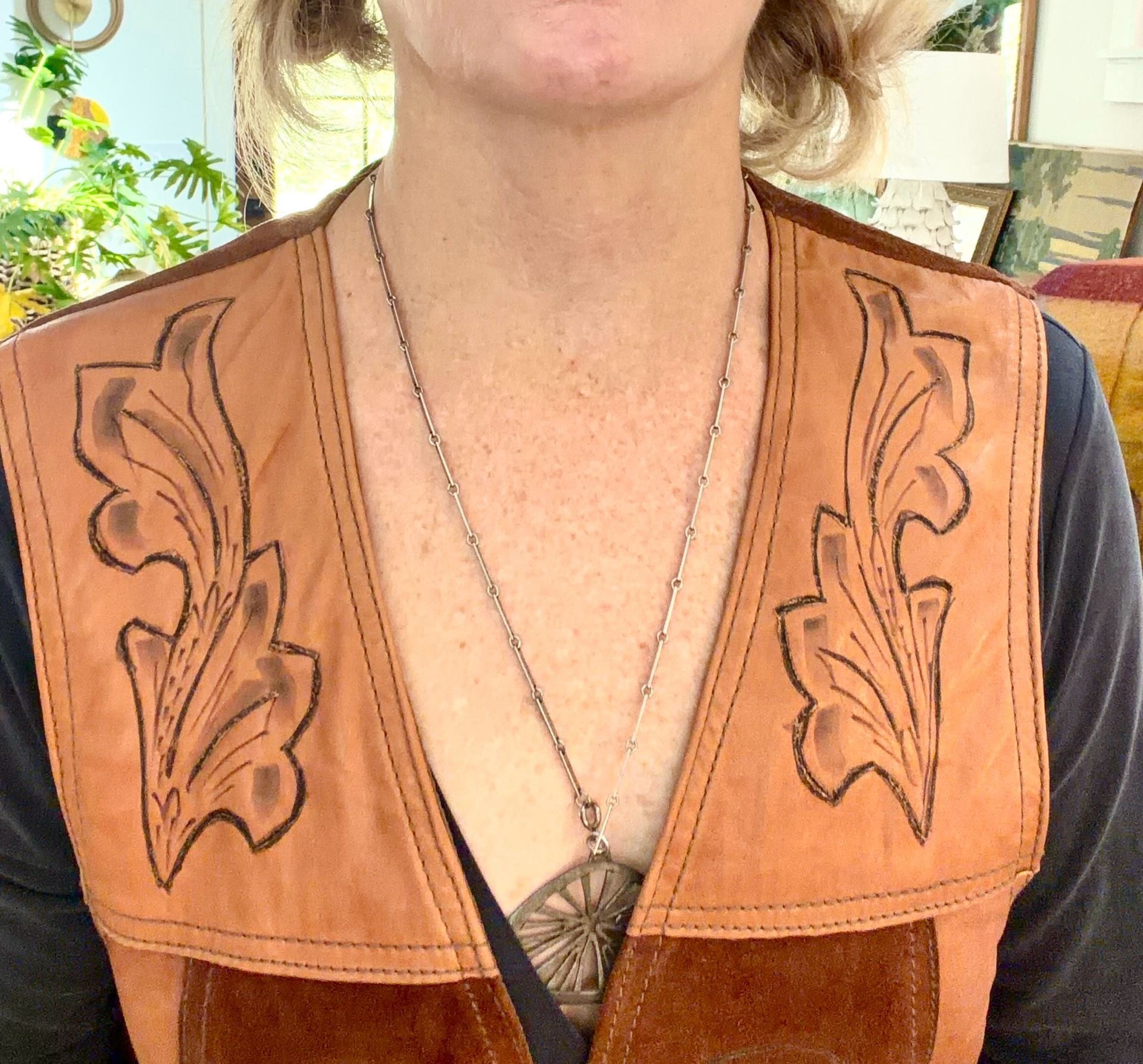 Vintage 1970s Handcrafted Western Suede Leather Horse Vest Brown Cowboy 5