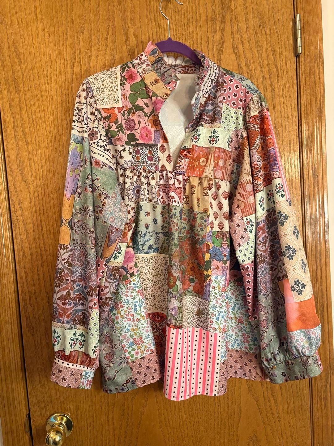 Multicolor Patchwork Print Long Sleeve Boho Blouse Top 2