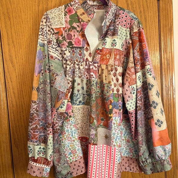 Multicolor Patchwork Print Long Sleeve Boho Blouse Top