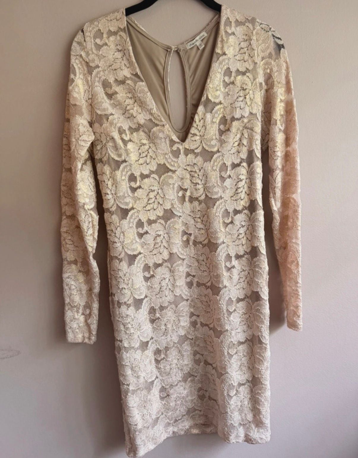 Charlotte Russe L Long Sleeve Lace Bodycon Dress Gold Champagne 3