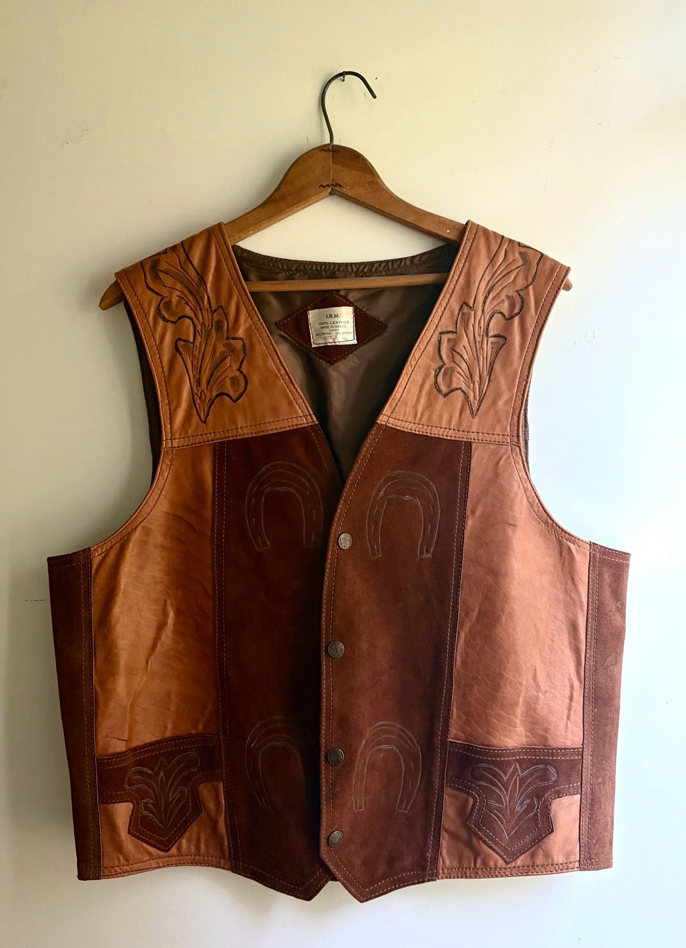 Vintage 1970s Handcrafted Western Suede Leather Horse Vest Brown Cowboy 7