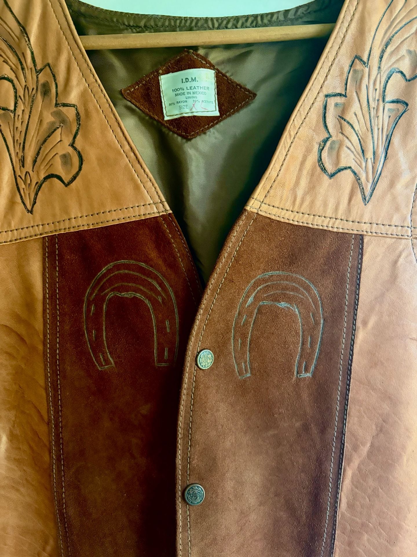 Vintage 1970s Handcrafted Western Suede Leather Horse Vest Brown Cowboy 8