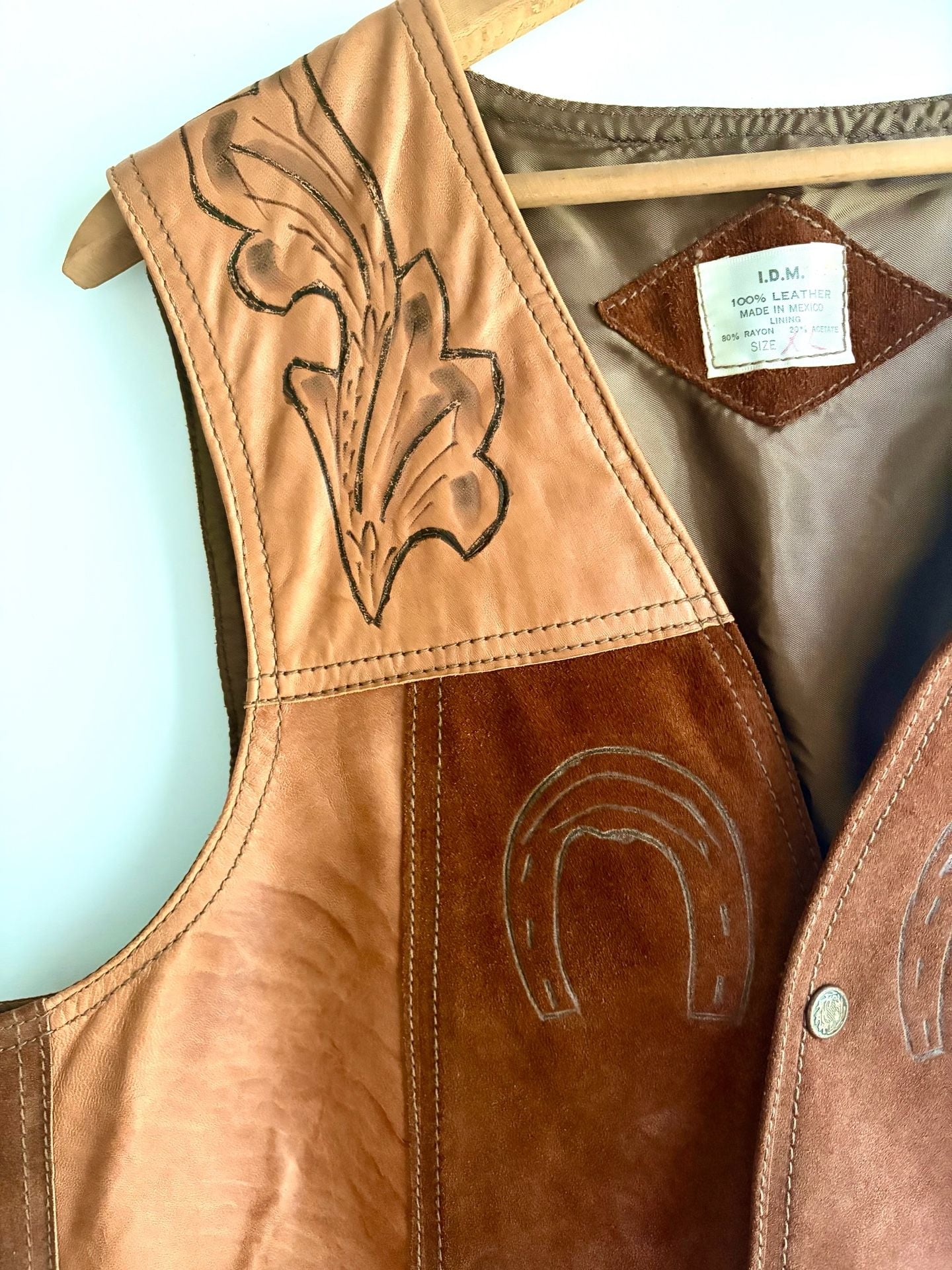 Vintage 1970s Handcrafted Western Suede Leather Horse Vest Brown Cowboy 9
