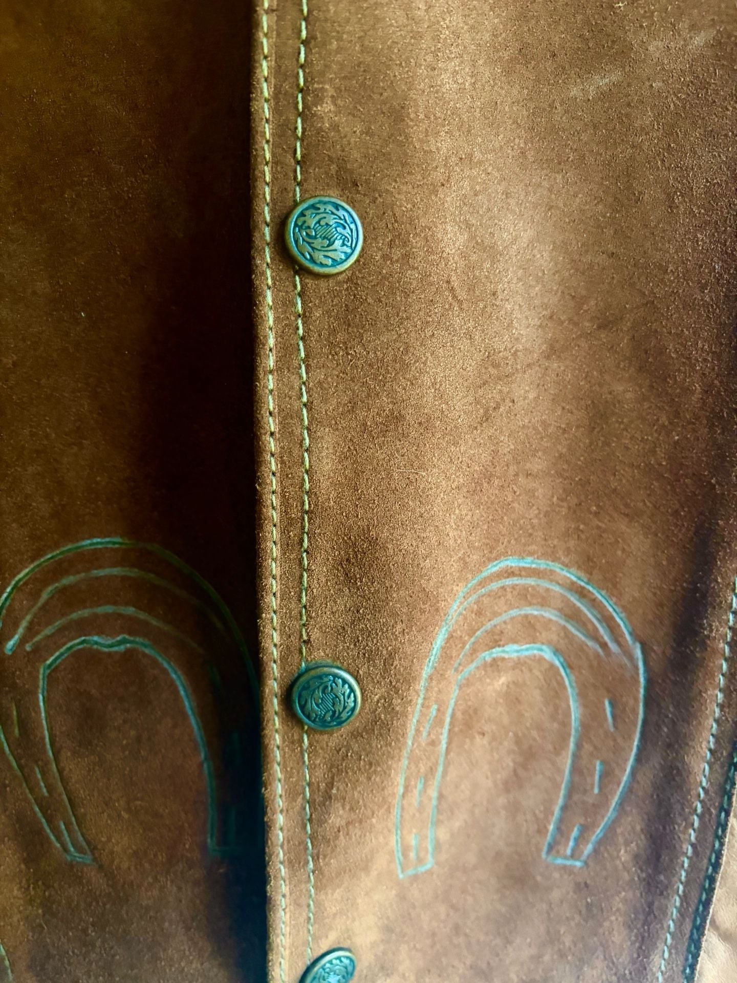 Vintage 1970s Handcrafted Western Suede Leather Horse Vest Brown Cowboy 11