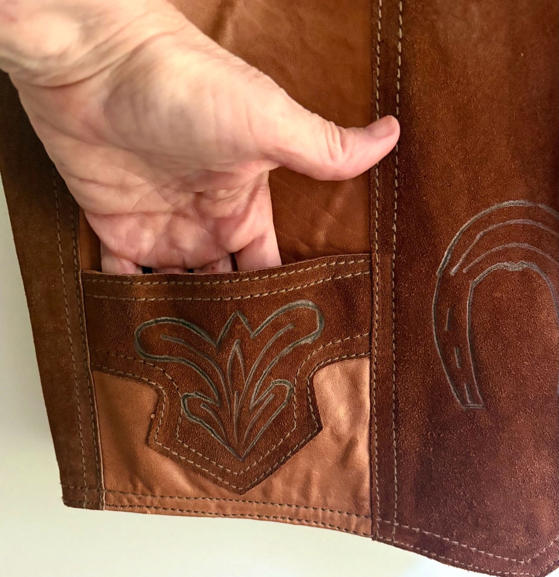 Vintage 1970s Handcrafted Western Suede Leather Horse Vest Brown Cowboy 12