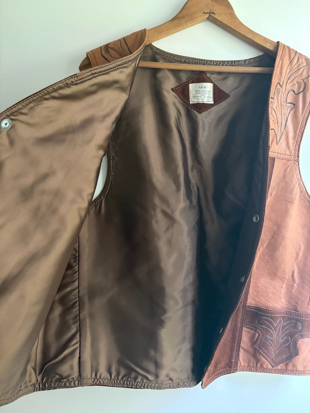 Vintage 1970s Handcrafted Western Suede Leather Horse Vest Brown Cowboy 18