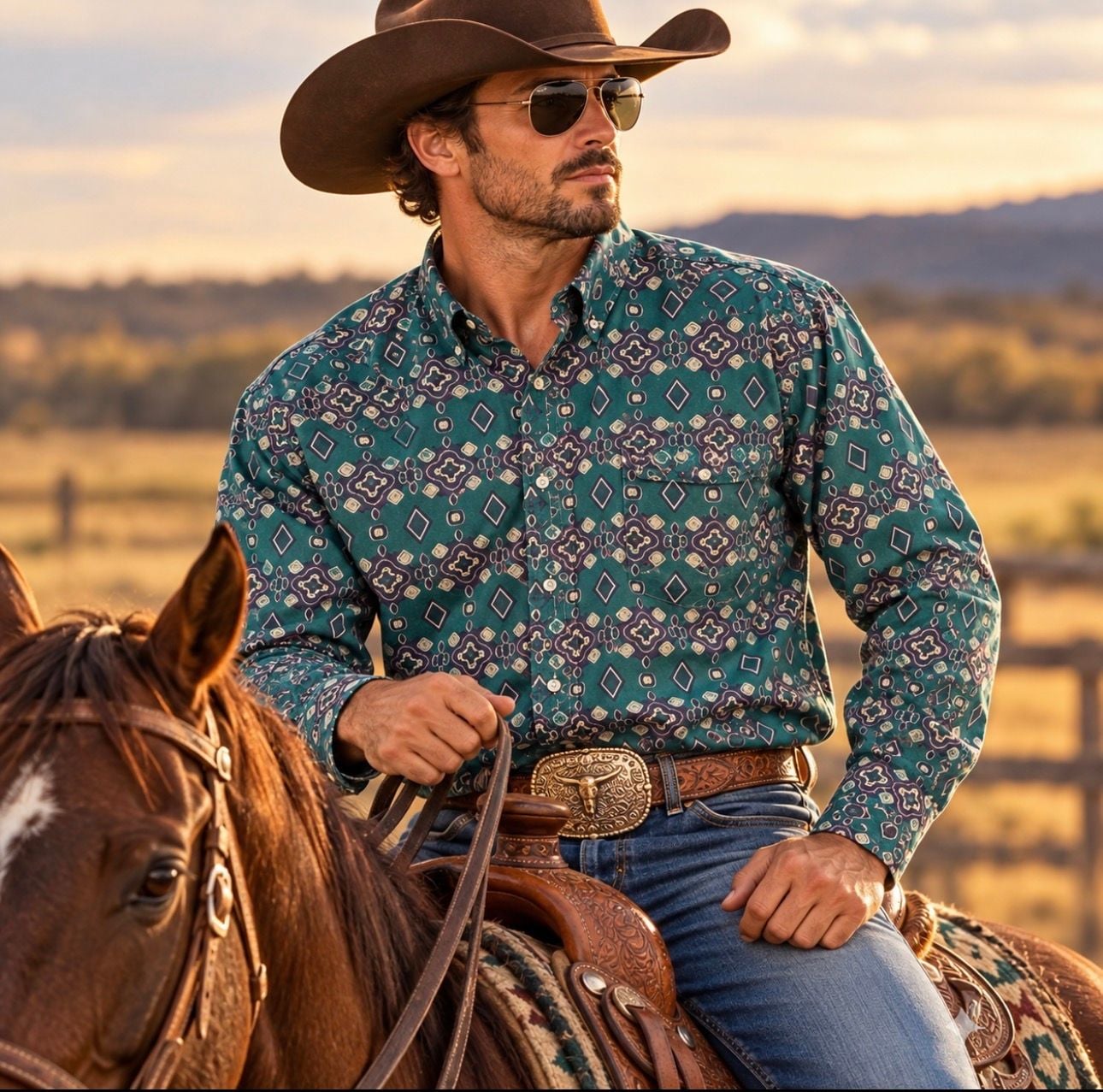 Vintage Wrangler Twenty X Mens Western Shirt Teal Geometric Cowboy Button Up XL 2