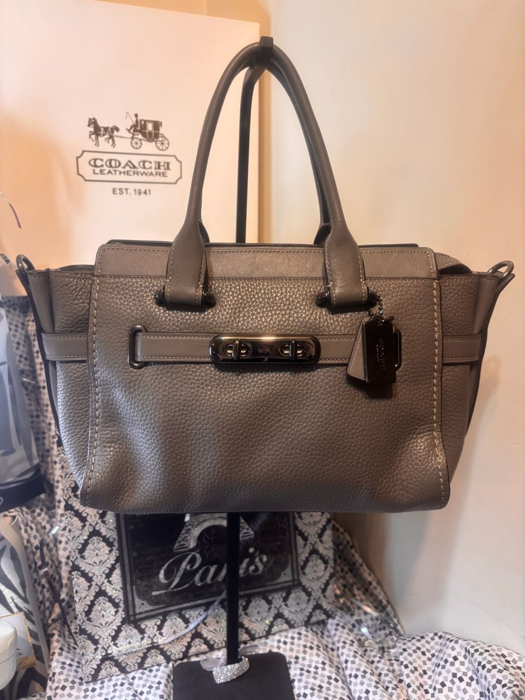 Coach Swagger 27 Pebble Leather Satchel Grey Handbag 2