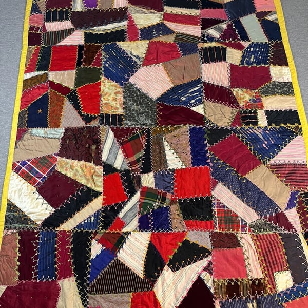 Antique Victorian Silk And Velvet Crazy Quilt Hand Stitched Patchwork