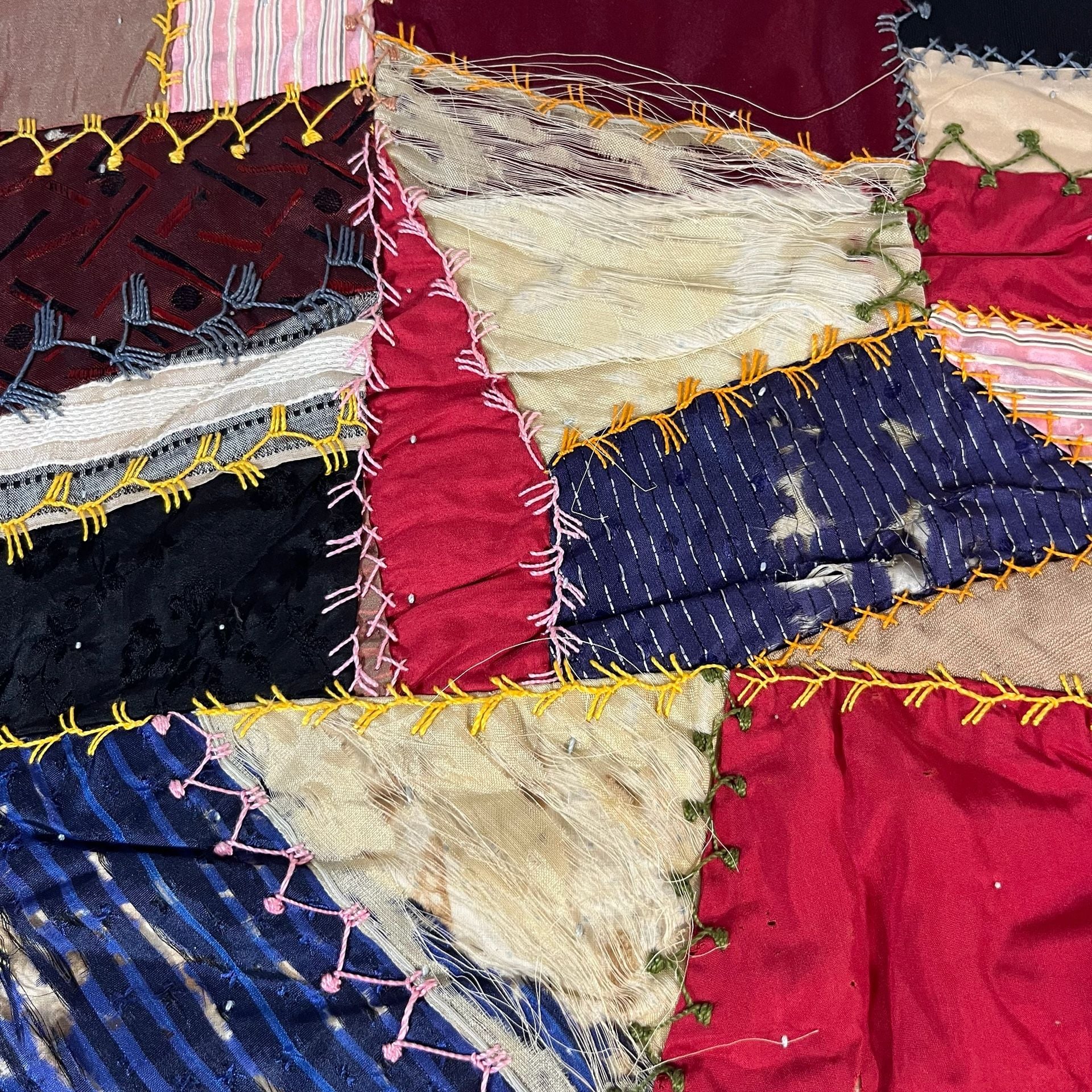 Antique Victorian Silk And Velvet Crazy Quilt Hand Stitched Patchwork 7