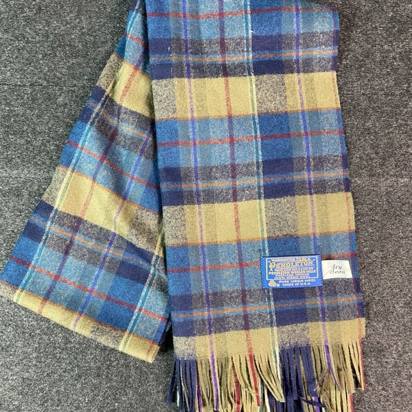 Pendleton Plaid Wool Scarf Blue Tartan Fringe Made In USA