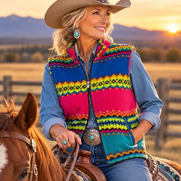 Susan Bristol XL Southwestern Fleece Vest Western Cowgirl Aztec Rodeo Ranch Boho