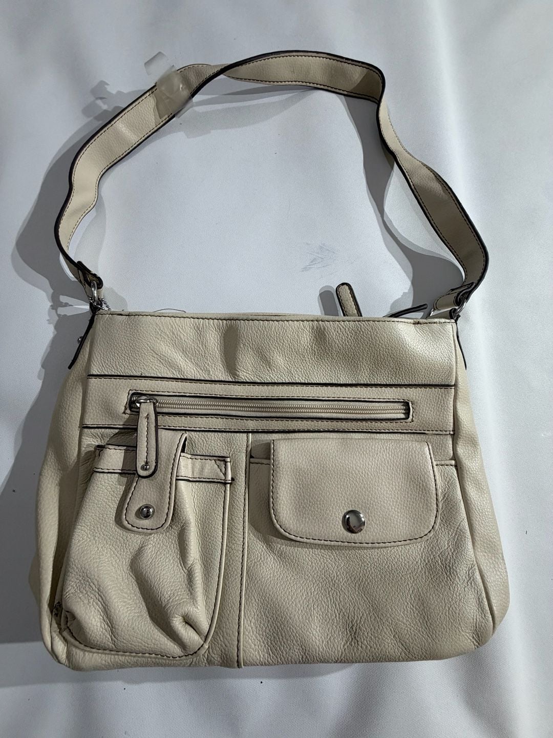 Cream Genuine Leather Cargo Bucket Shoulder Bag Multi Pocket Purse 2