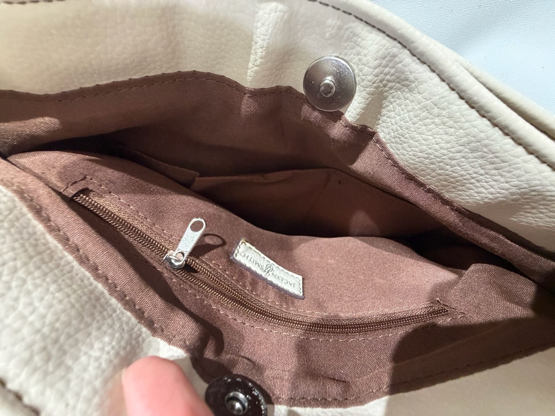 Cream Genuine Leather Cargo Bucket Shoulder Bag Multi Pocket Purse 9