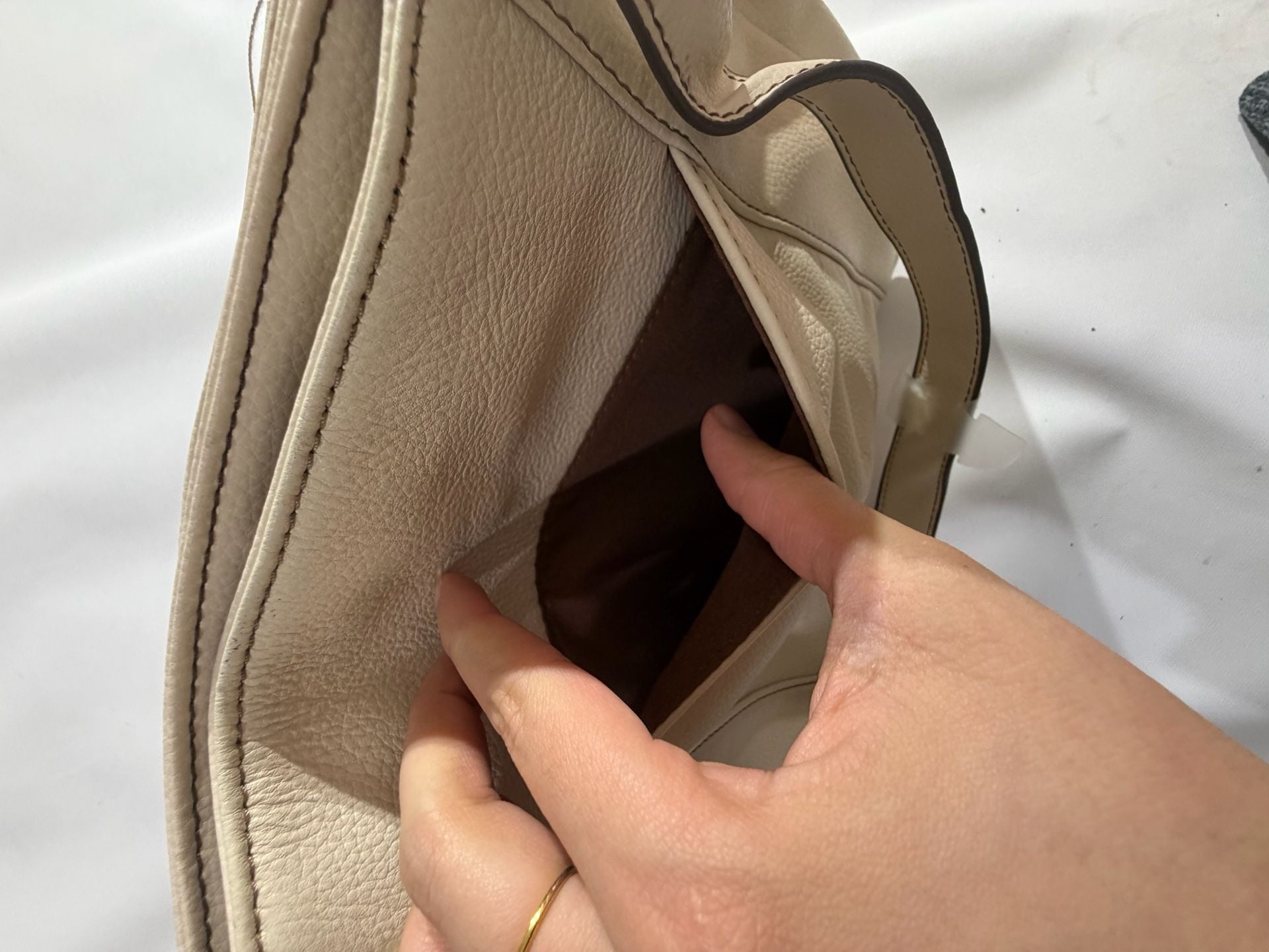 Cream Genuine Leather Cargo Bucket Shoulder Bag Multi Pocket Purse 10