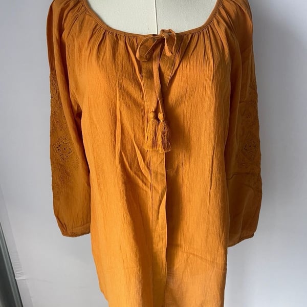 Massimo Dutti Burnt Orange Embroidered Peasant Boho Blouse
