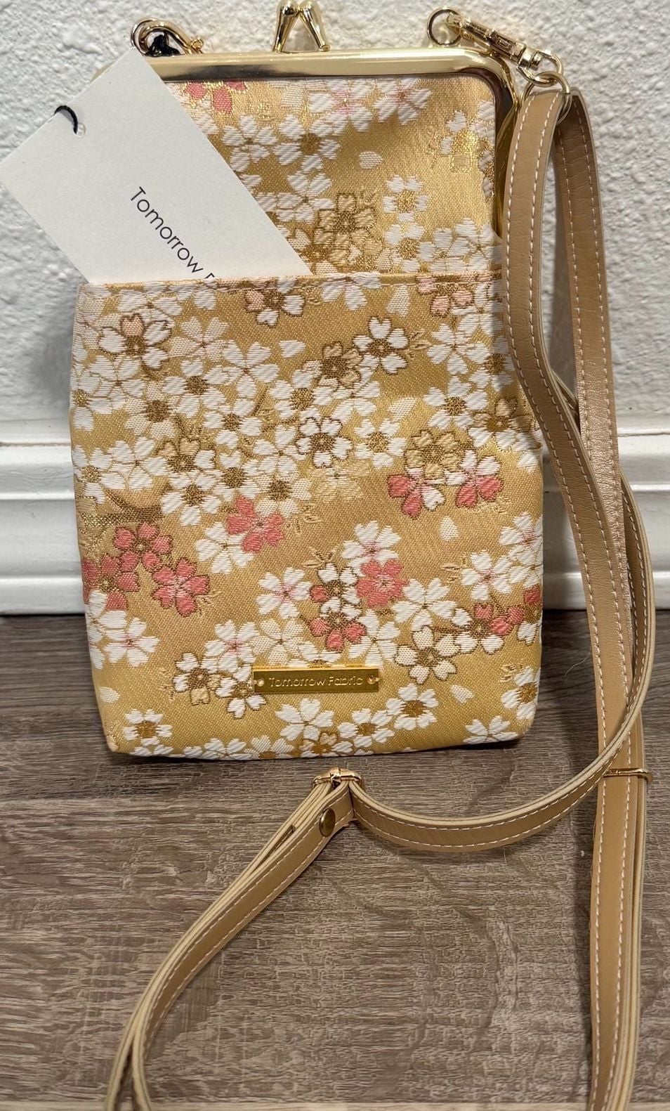 Tomorrow Fabric Crossbody Bag Gold Cherry Blossom Floral Kiss Lock Purse 2