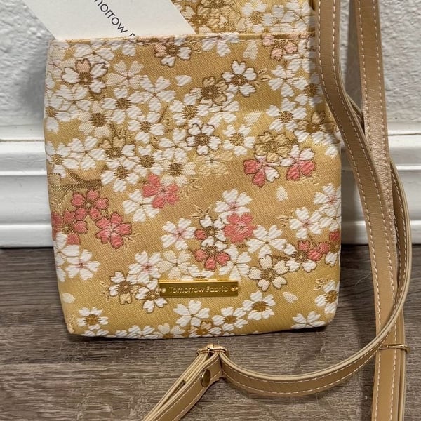 Tomorrow Fabric Crossbody Bag Gold Cherry Blossom Floral Kiss Lock Purse
