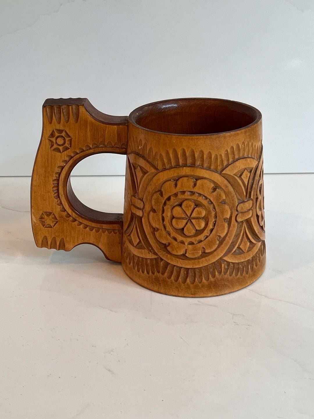 Vintage Hand Carved Wooden Mug Folk Art 1