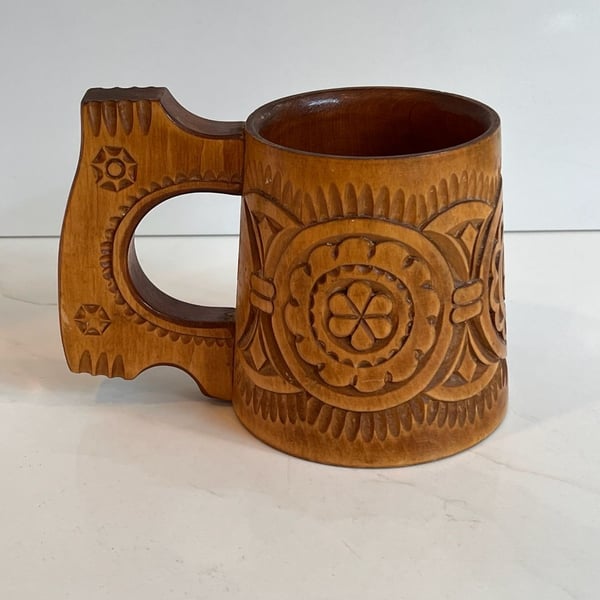 Vintage Hand Carved Wooden Mug Folk Art