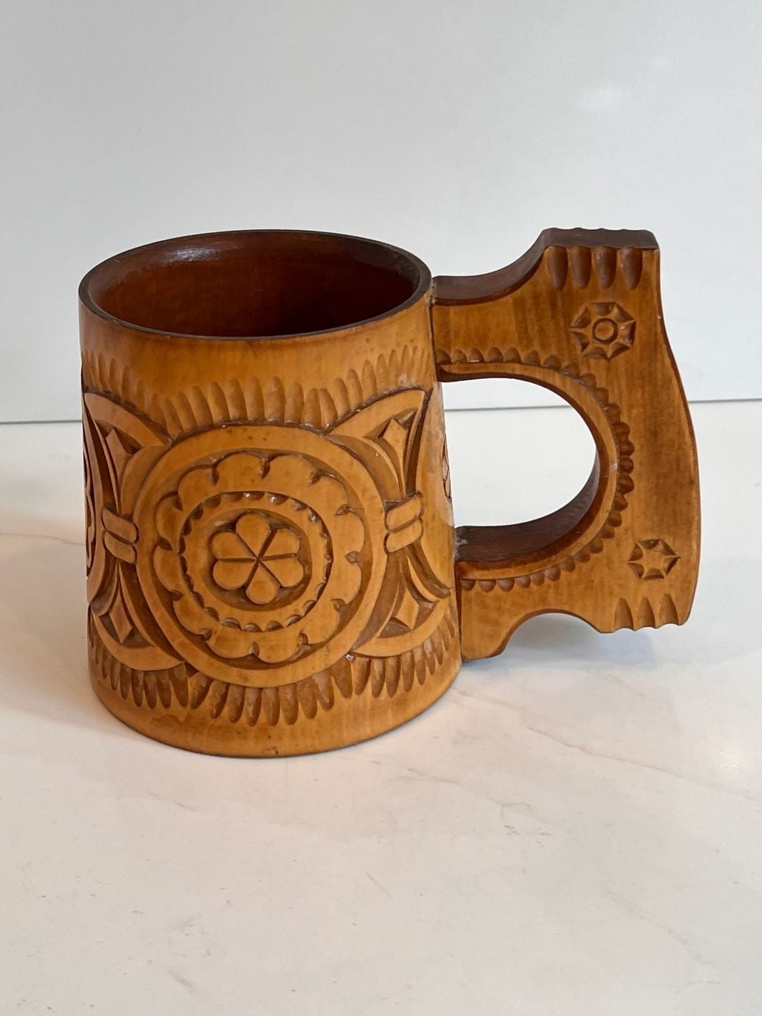 Vintage Hand Carved Wooden Mug Folk Art 3