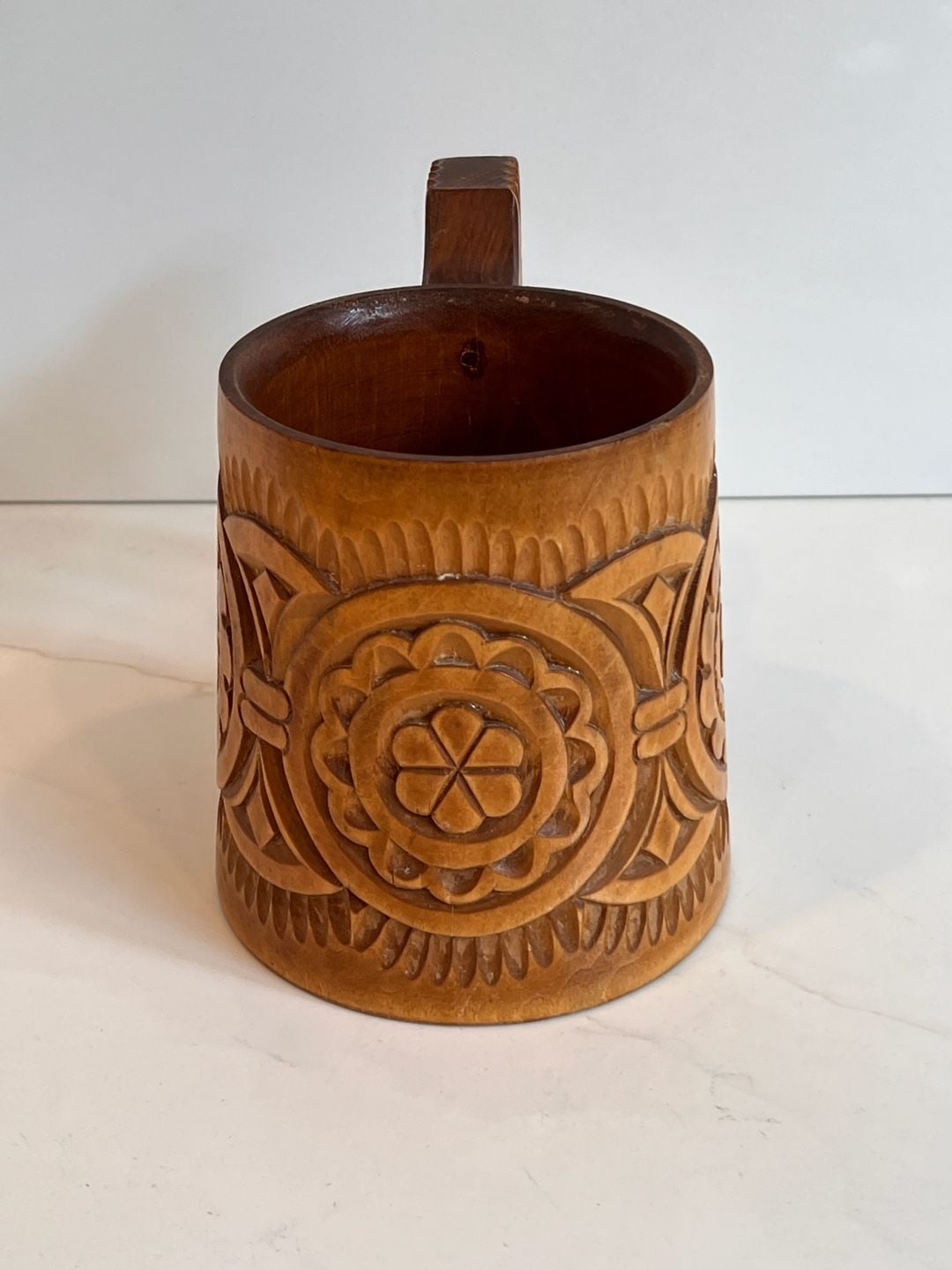 Vintage Hand Carved Wooden Mug Folk Art 4