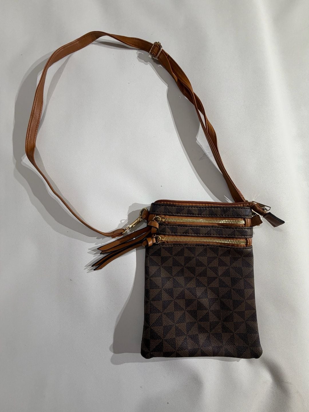 Brown Geometric Print Crossbody Bag Multi Zipper Travel Purse 2