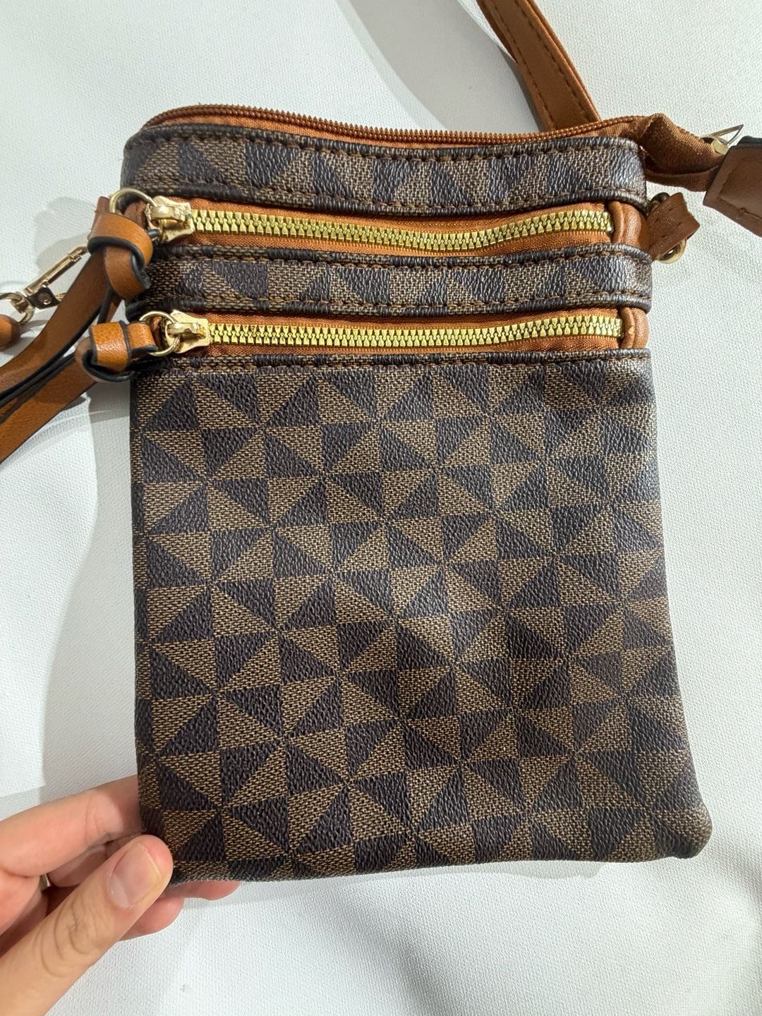 Brown Geometric Print Crossbody Bag Multi Zipper Travel Purse 3
