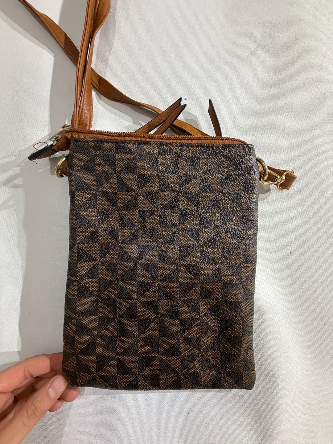 Brown Geometric Print Crossbody Bag Multi Zipper Travel Purse 5