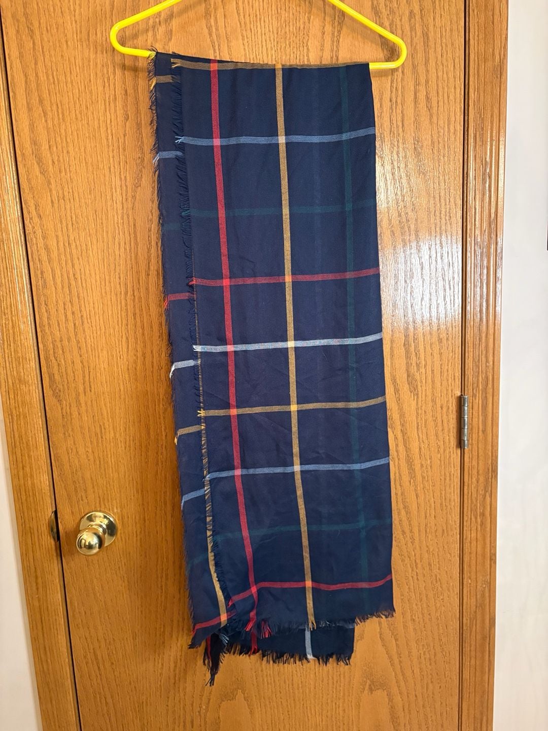 Plaid Blanket Scarf Blue Red Yellow Tartan Fringe 1