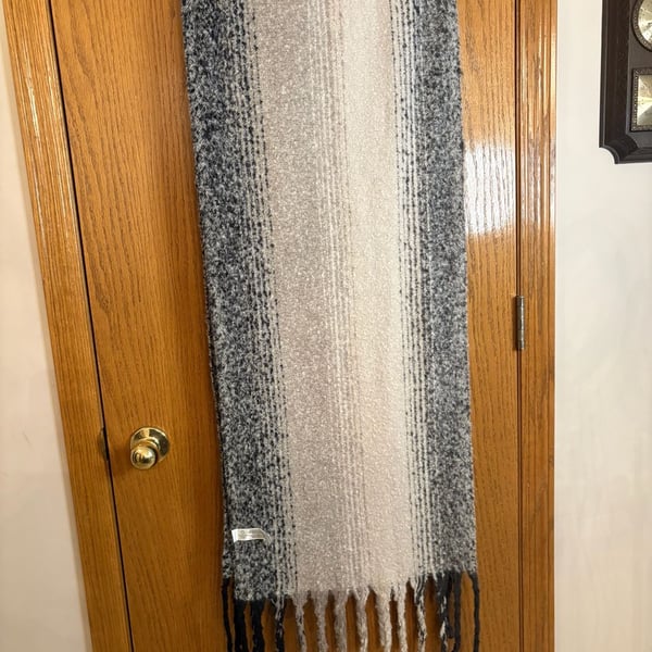 Primark Cares Scarf One Size Gray Beige Stripe Fringe Winter